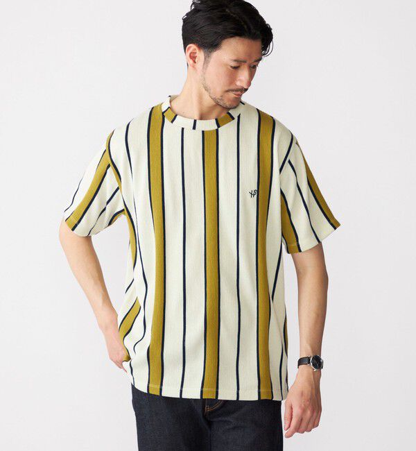 SHIPS「【WEB限定】SHIPS:〈吸水速乾〉ワンポイント ロゴ リップル ストライプ Tシャツ」|Tシャツ・カットソー|イエロー系