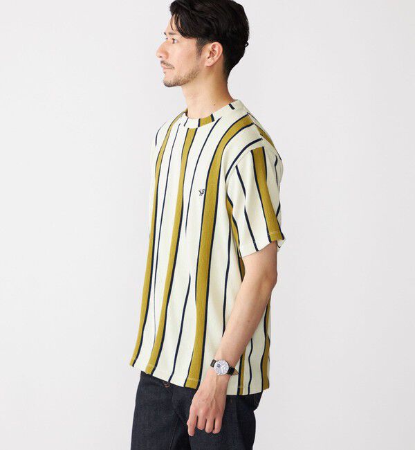 SHIPS「【WEB限定】SHIPS:〈吸水速乾〉ワンポイント ロゴ リップル ストライプ Tシャツ」|Tシャツ・カットソー|