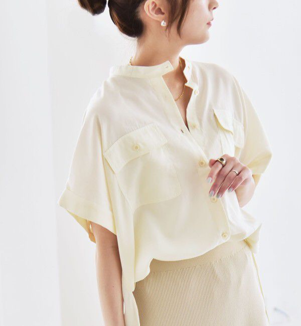 quaranciel「quaranciel:〈手洗い可能〉バンドカラー ハーフスリーブ ポケット ワーク シャツ」|シャツ・ブラウス|