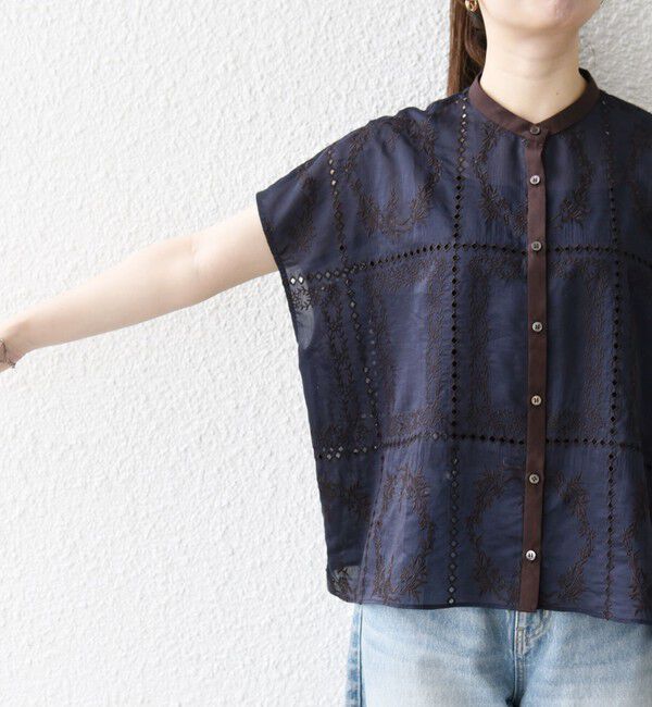 SHIPS any「SHIPS any:〈手洗い可能〉エンブロイダリー レース シアー フレンチスリーブ シャツ」|シャツ・ブラウス|