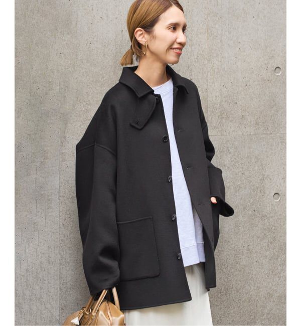 FRAMeWORK「ハミルトンバルカラーミドルコート」|ステンカラーコート|ブラック