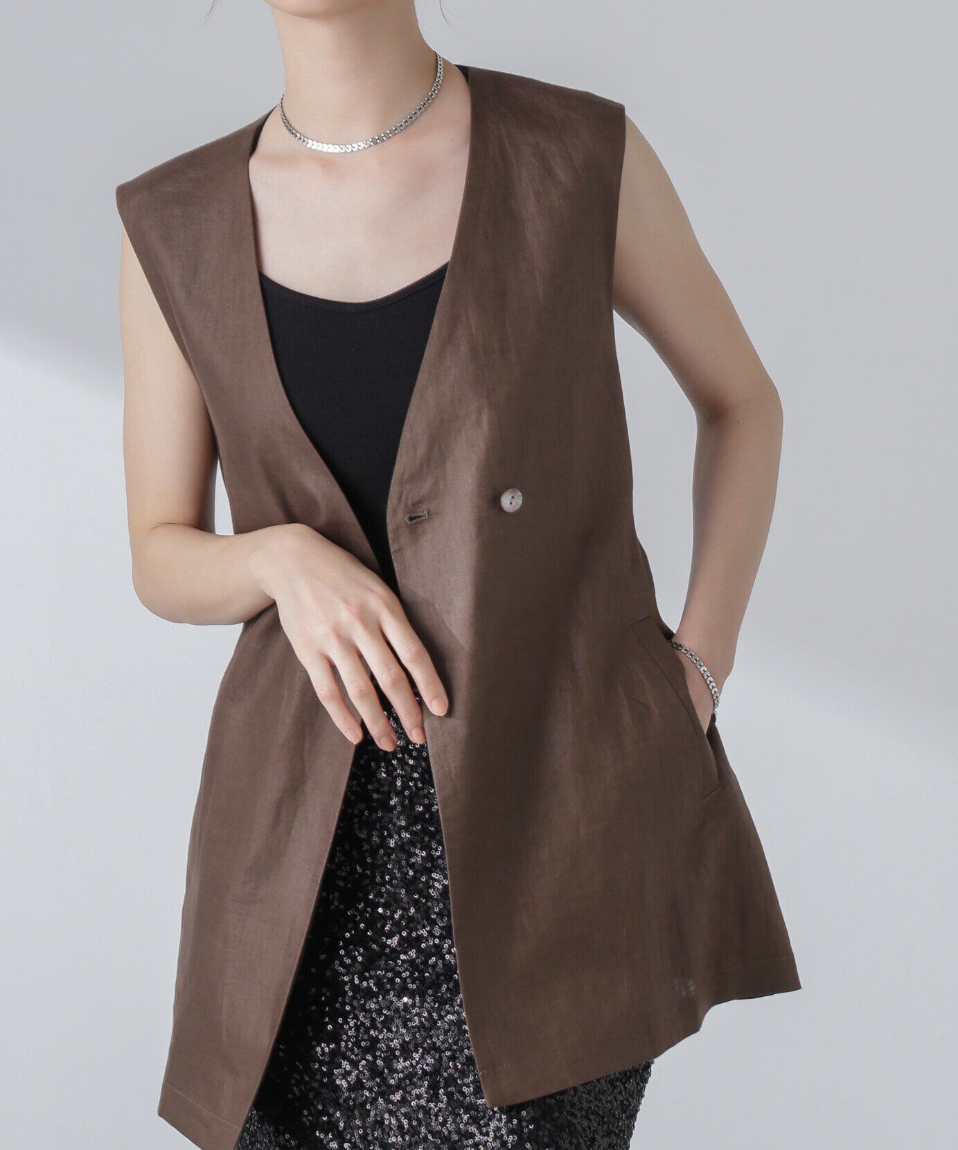nano･universe「ベルト付リネンジレ(セットアップ可)」|ベスト・ジレ|ブラウン