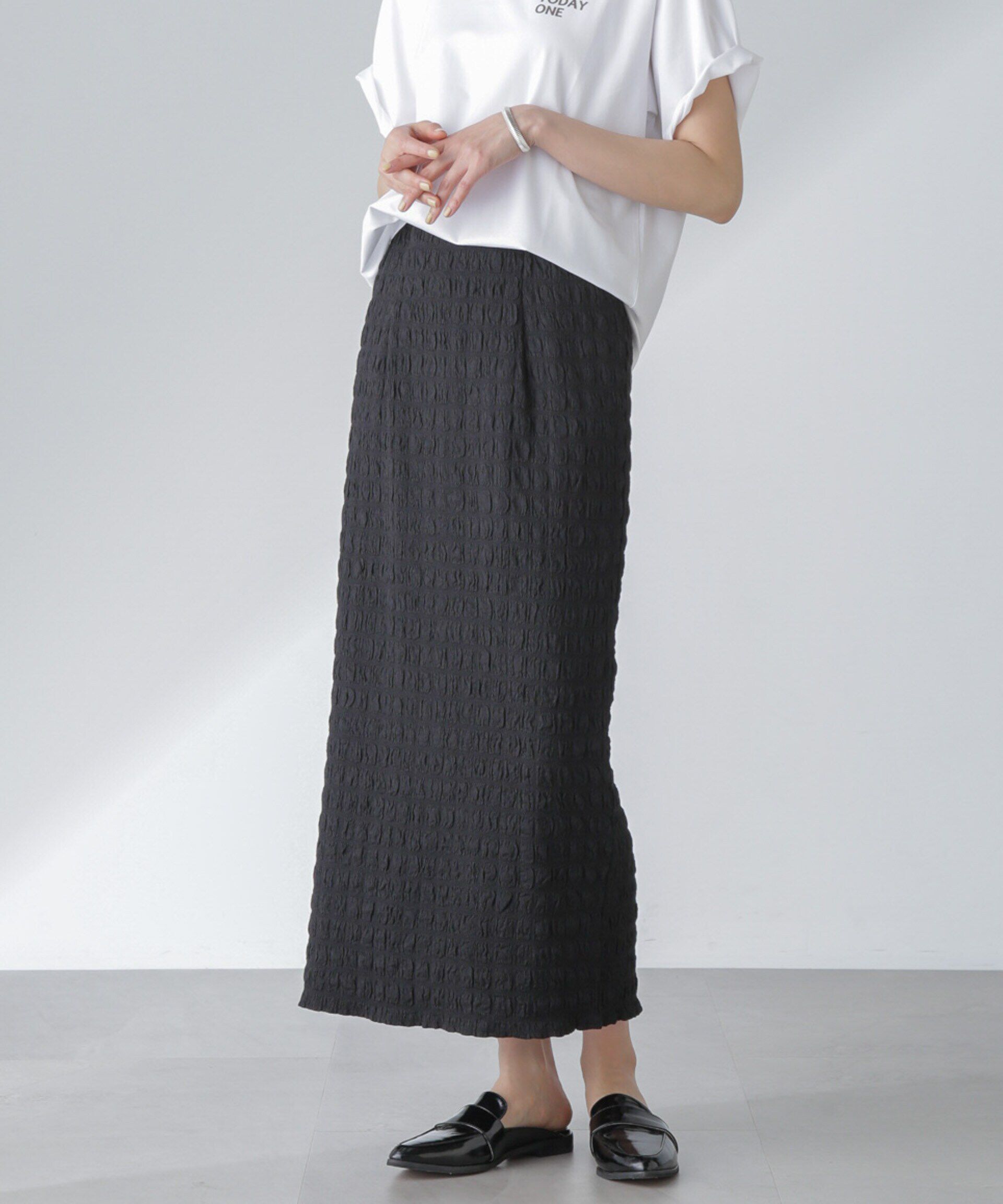 nano･universe「フクレシャーリングタイトスカート（セットアップ可）」|スカート|ブラック