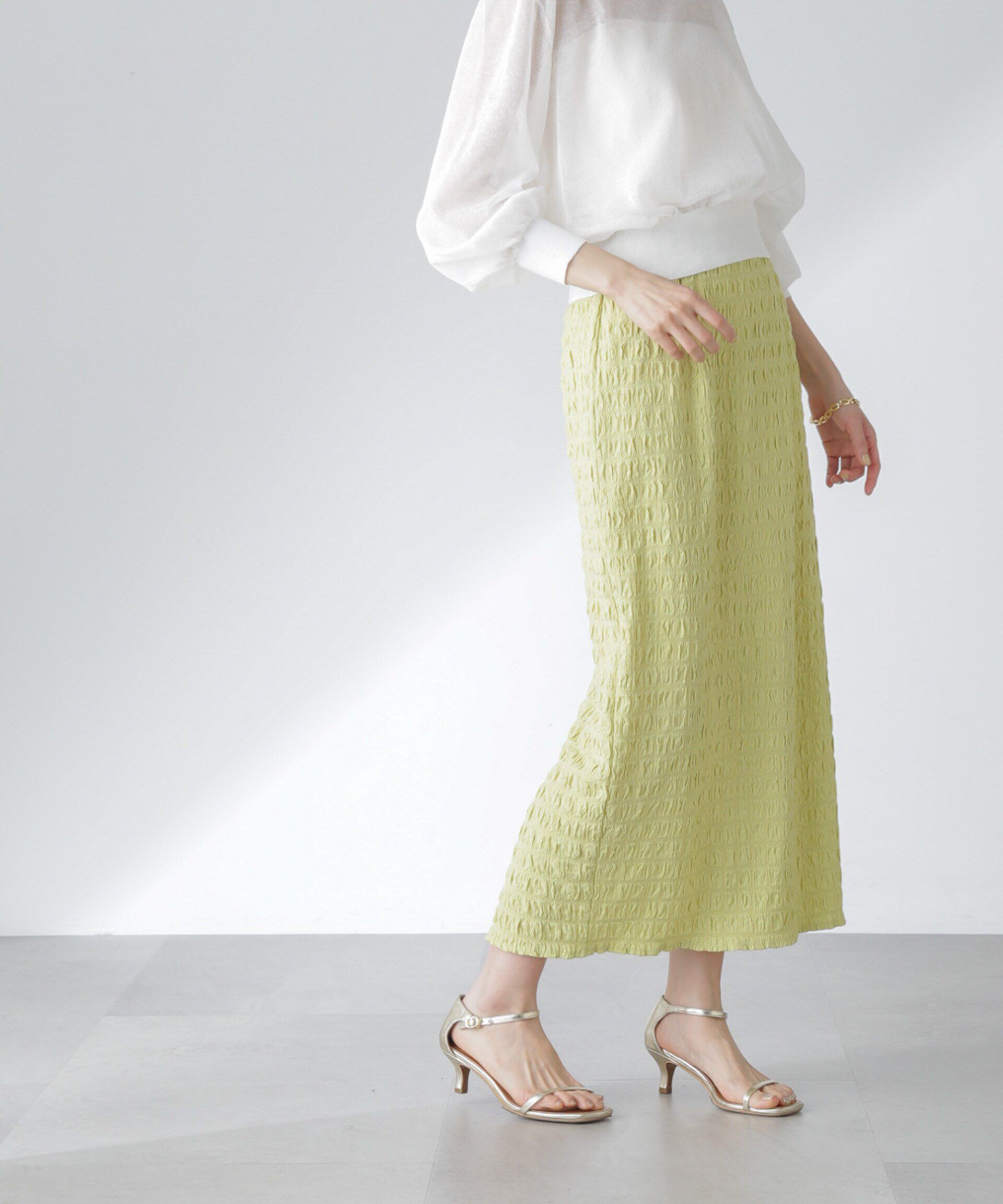 nano･universe「フクレシャーリングタイトスカート（セットアップ可）」|スカート|ライムグリー 1