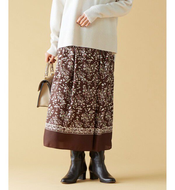自由区「【ウエストゴム・洗える】ERICAパネルプリント スカート」|スカート|ココア系