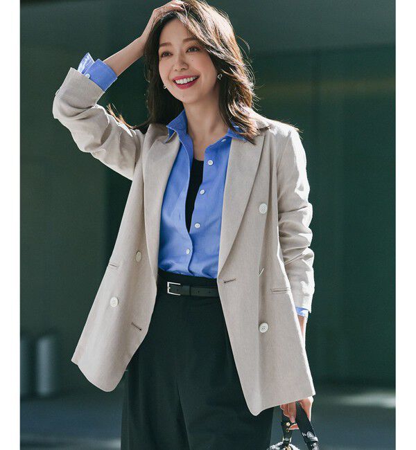 23区「【洗える】リネンレーヨンストレッチ ダブル ジャケット」|テーラードジャケット|ベージュ系