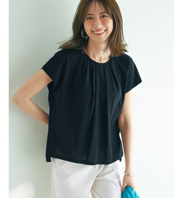 23区「【接触冷感/洗える】ツイストコットンプレーティング タックデザイン カットソー」|Tシャツ・カットソー|ブラック系