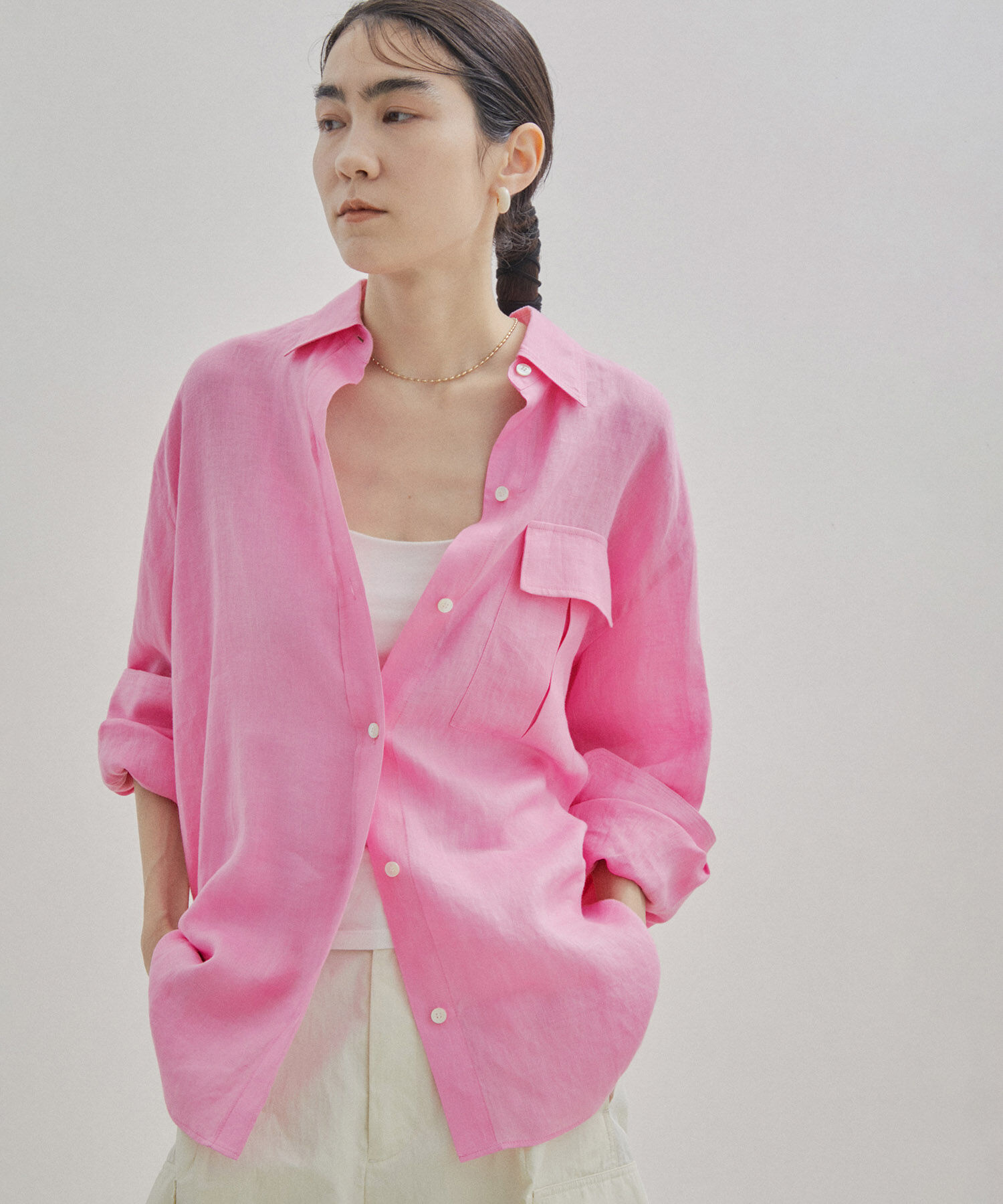 SALON adam et rope'「【洗える】ノルマンディリネンオーバーシャツ/麻」|シャツ・ブラウス|ピンク(63)