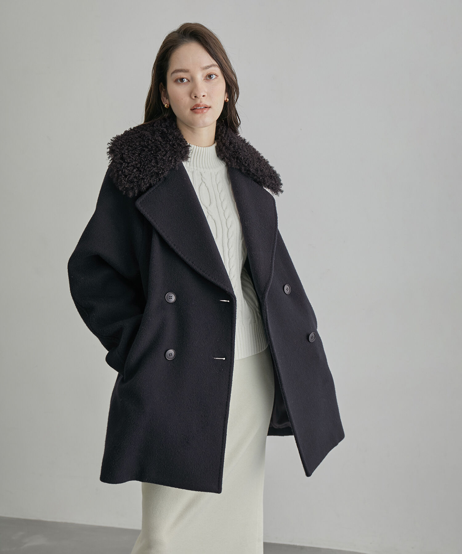 ROPE「【SUPER100's/140's】シャルムリバーファー付きミドルコート」|チェスターコート|