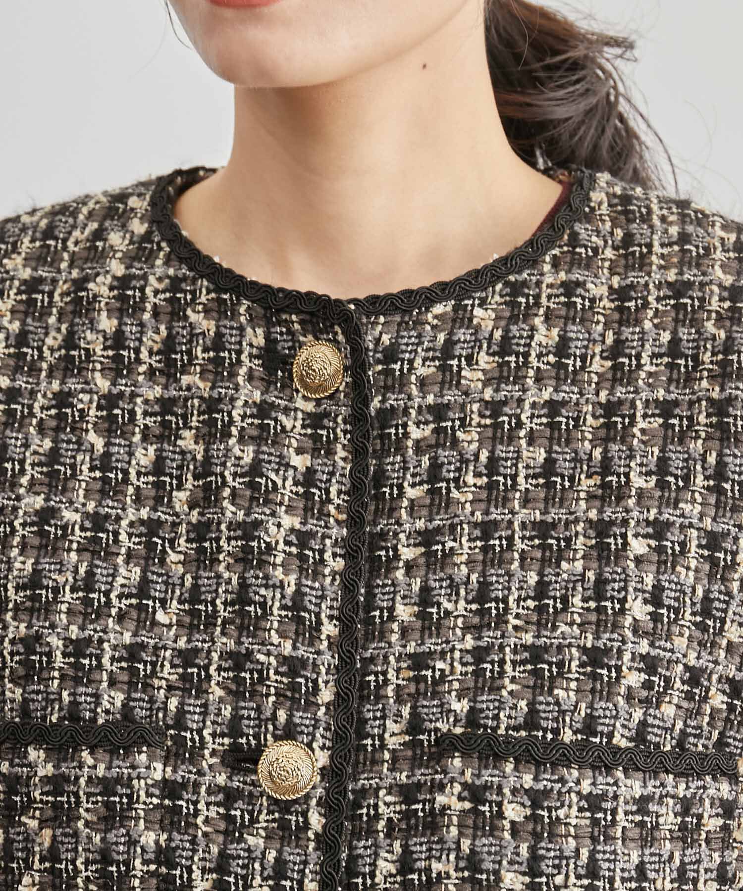 ROPE「【雑誌掲載】ノーカラーミックスツイードジャケット」|ノーカラージャケット|