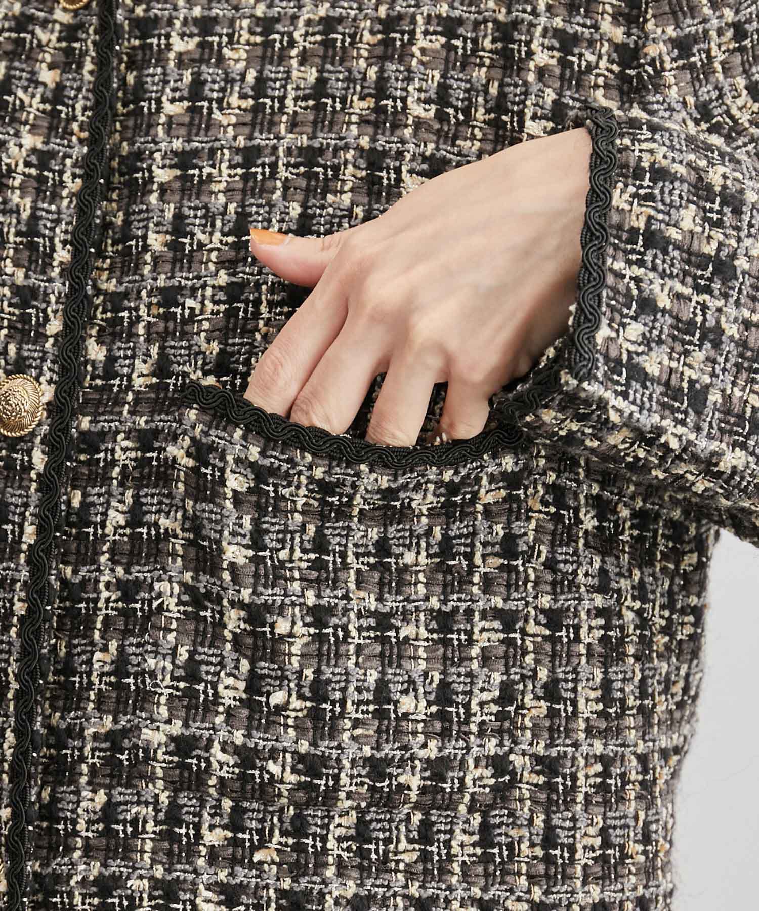 ROPE「【雑誌掲載】ノーカラーミックスツイードジャケット」|ノーカラージャケット|