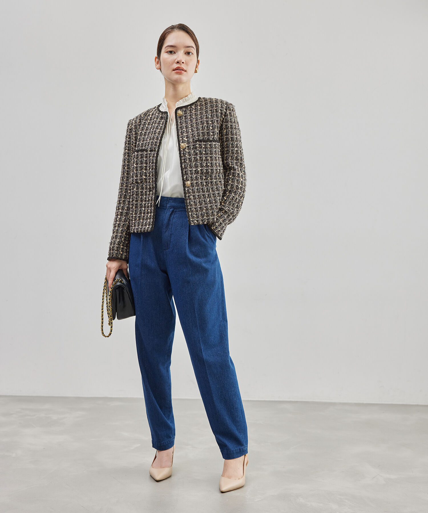 ROPE「【雑誌掲載】ノーカラーミックスツイードジャケット」|ノーカラージャケット|