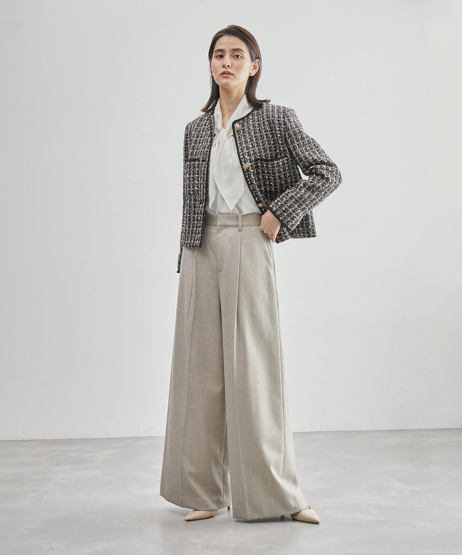 ROPE「【雑誌掲載】ノーカラーミックスツイードジャケット」|ノーカラージャケット|