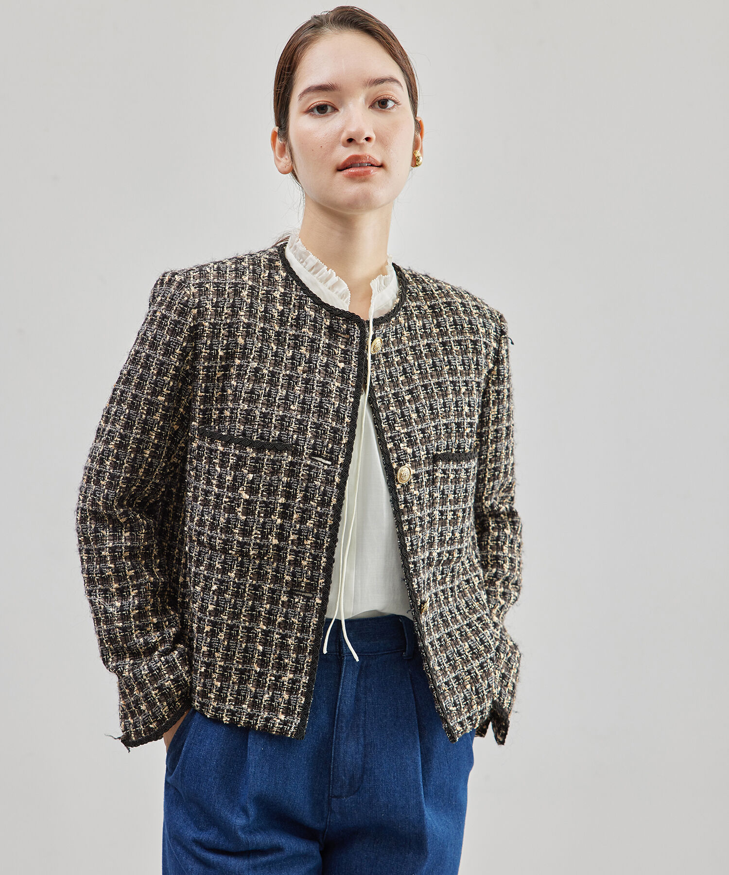 ROPE「【雑誌掲載】ノーカラーミックスツイードジャケット」|ノーカラージャケット|