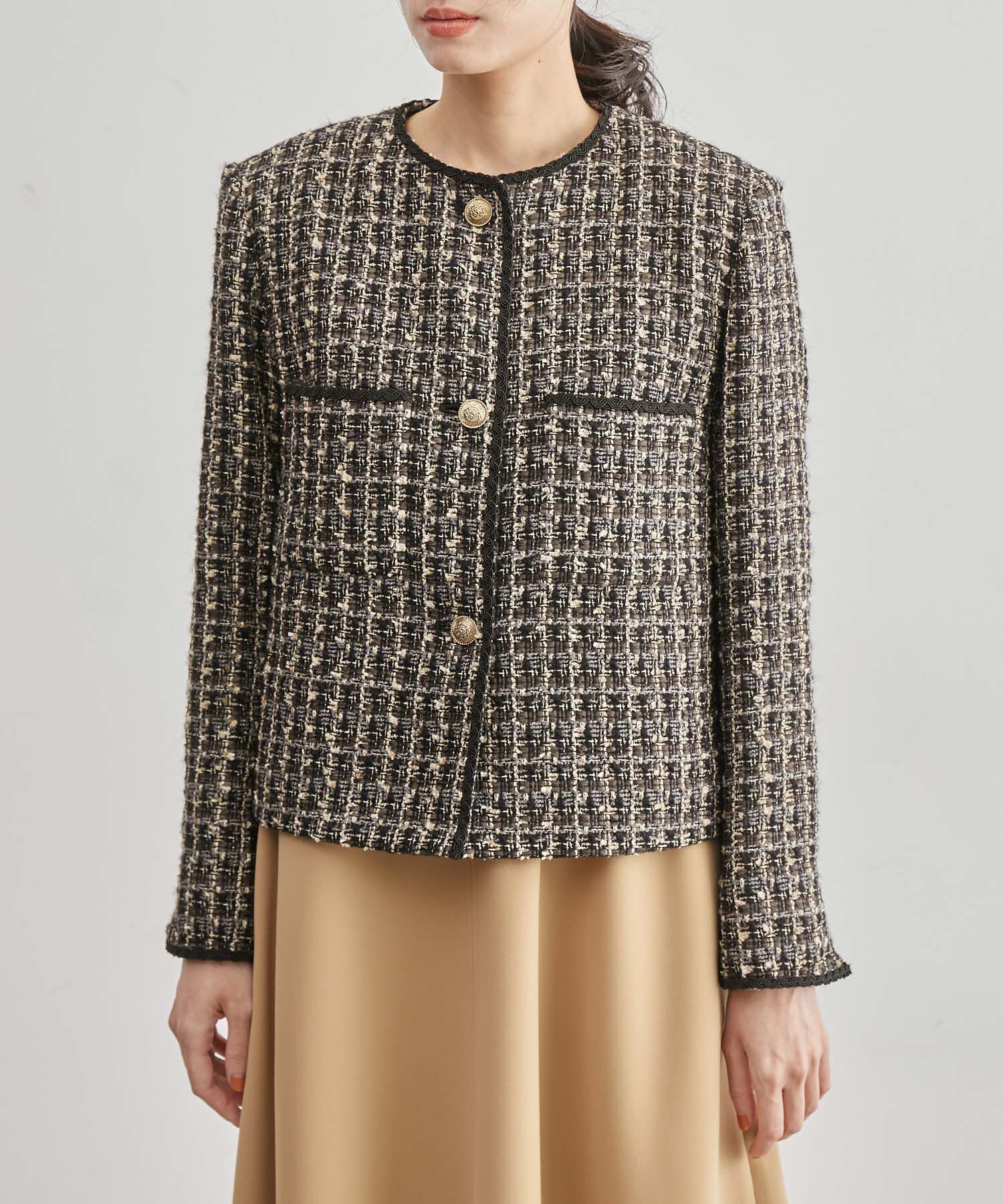 ROPE「【雑誌掲載】ノーカラーミックスツイードジャケット」|ノーカラージャケット|