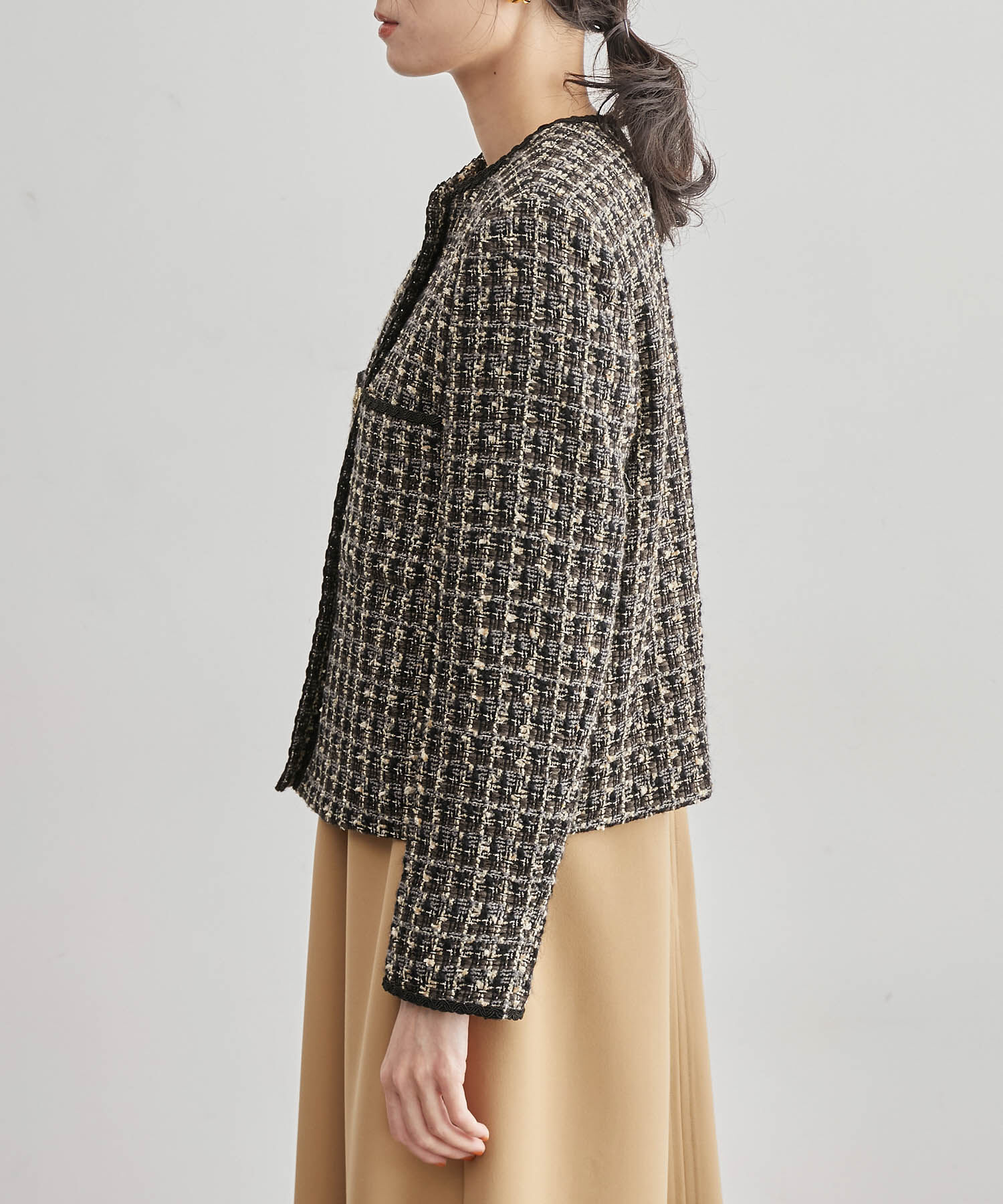 ROPE「【雑誌掲載】ノーカラーミックスツイードジャケット」|ノーカラージャケット|