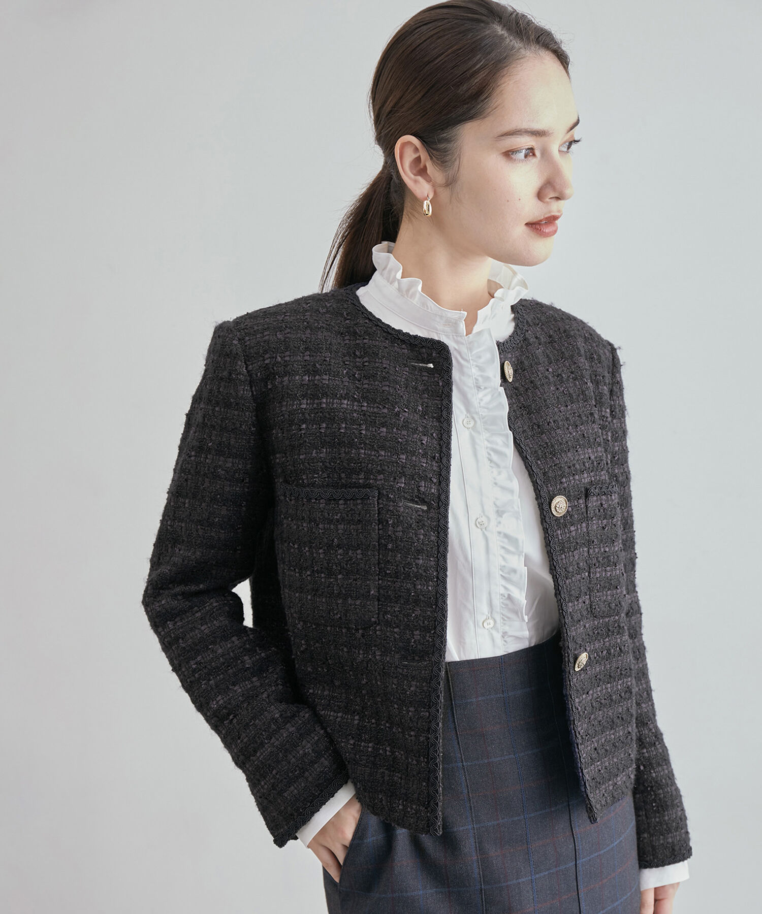 ROPE「【雑誌掲載】ノーカラーミックスツイードジャケット」|ノーカラージャケット|ネイビー系(41)