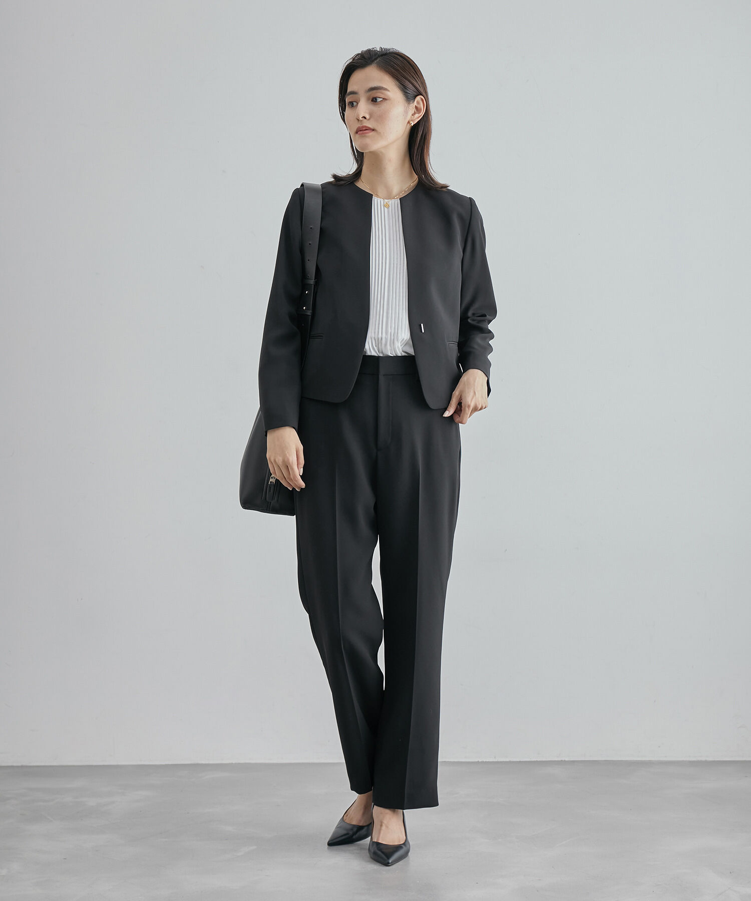 ROPE「ジョーゼットクルーネックジャケット/セットアップ対応・セレモニー対応」|ノーカラージャケット|