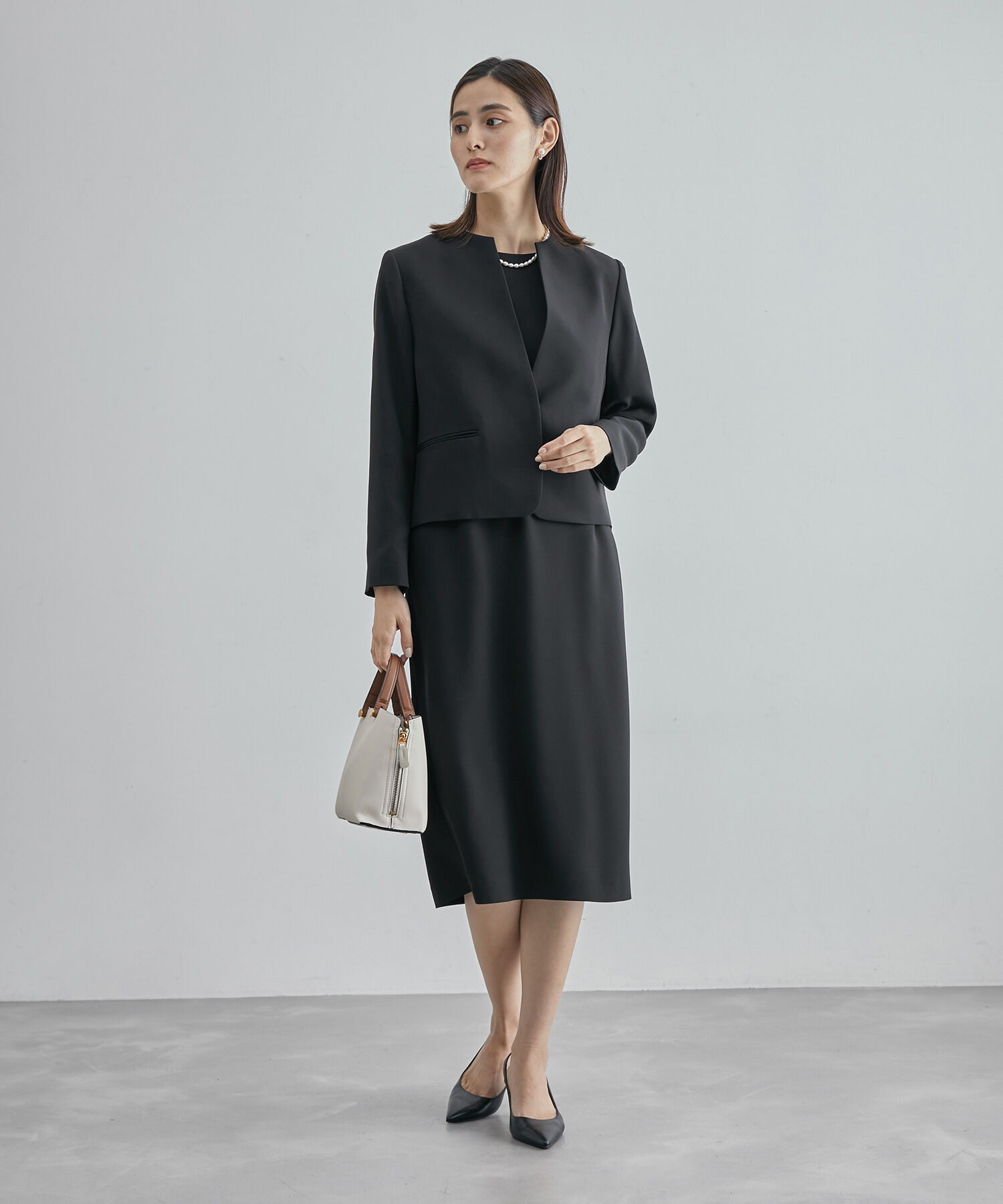 ROPE「ジョーゼットクルーネックジャケット/セットアップ対応・セレモニー対応」|ノーカラージャケット|