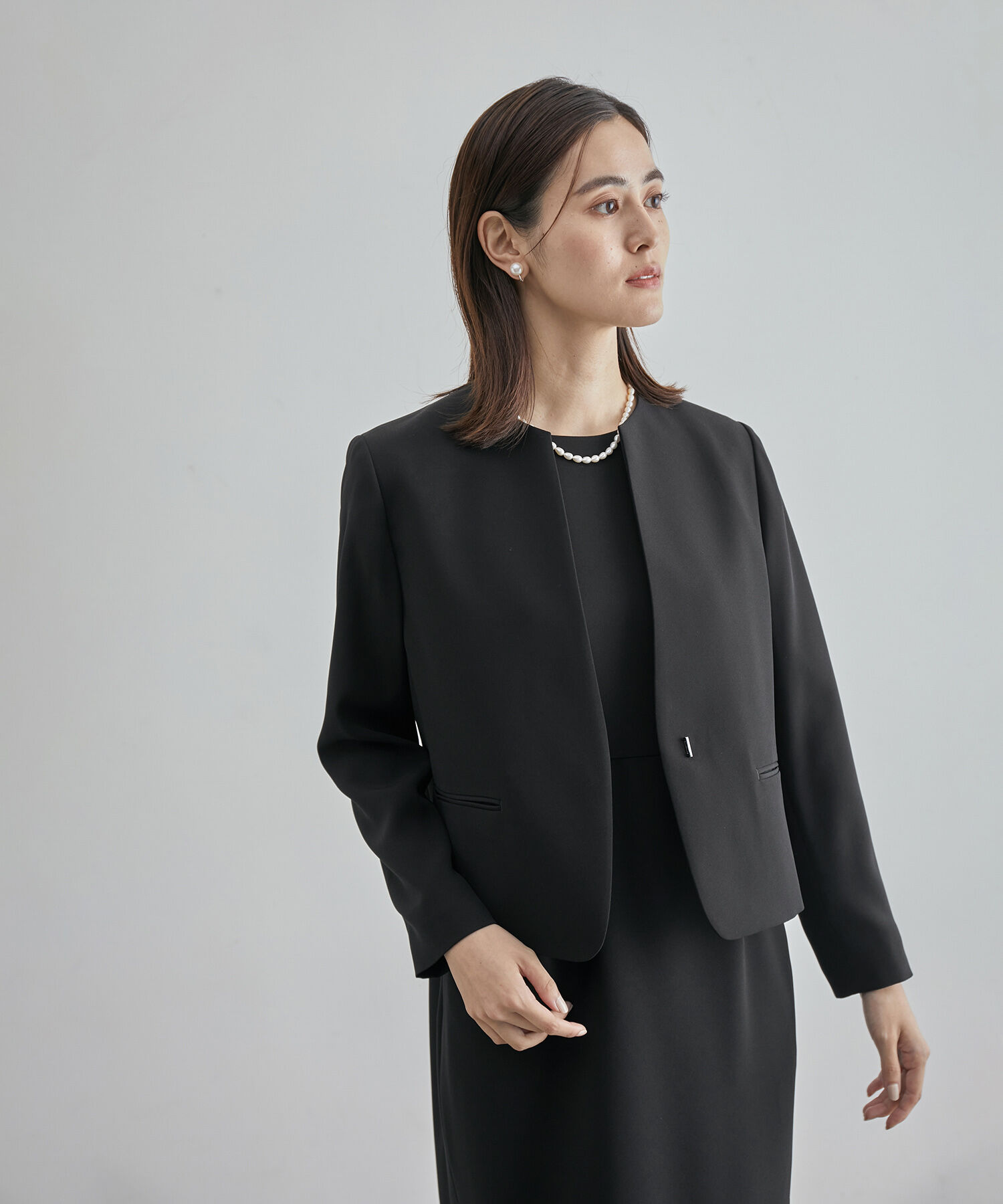 ROPE「ジョーゼットクルーネックジャケット/セットアップ対応・セレモニー対応」|ノーカラージャケット|