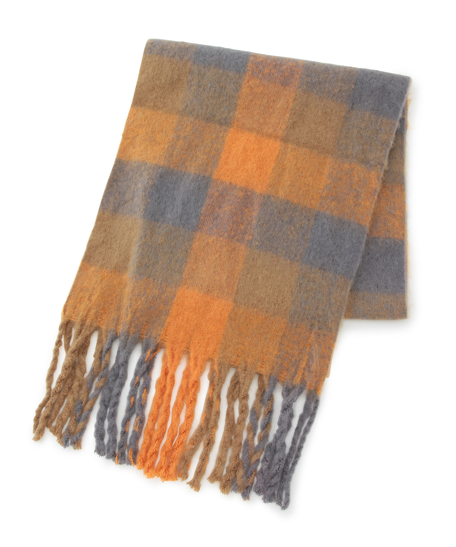 VIS「【リサイクルポリエステル】ふんわりボリューム。太フリンジチェック柄マフラー」|マフラー|