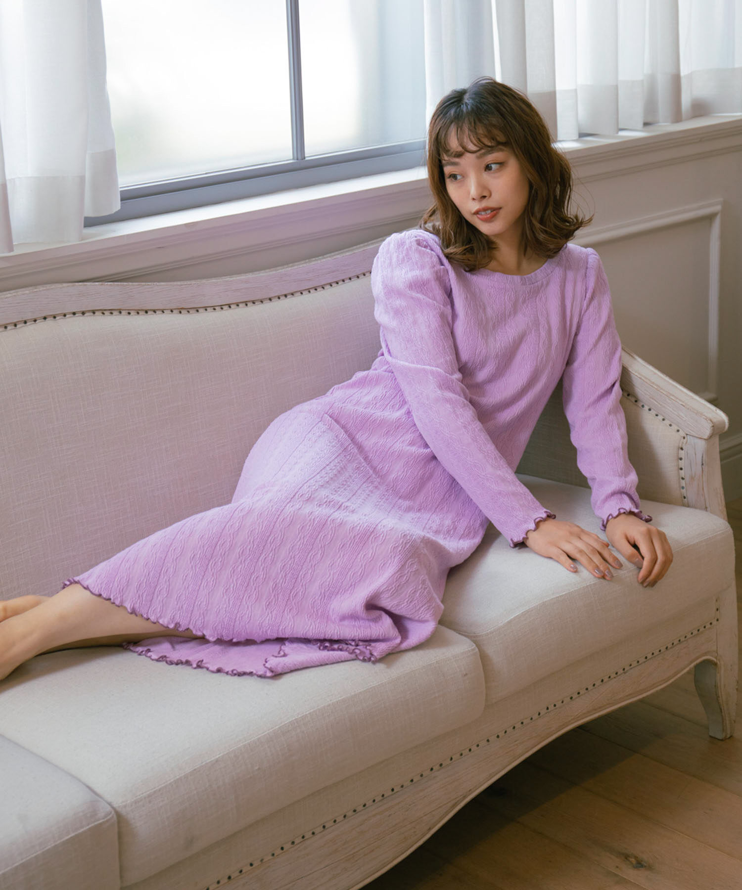 VIS「【ViSage】カットジャガードパワショルAラインロングワンピース」|ルームウェア|