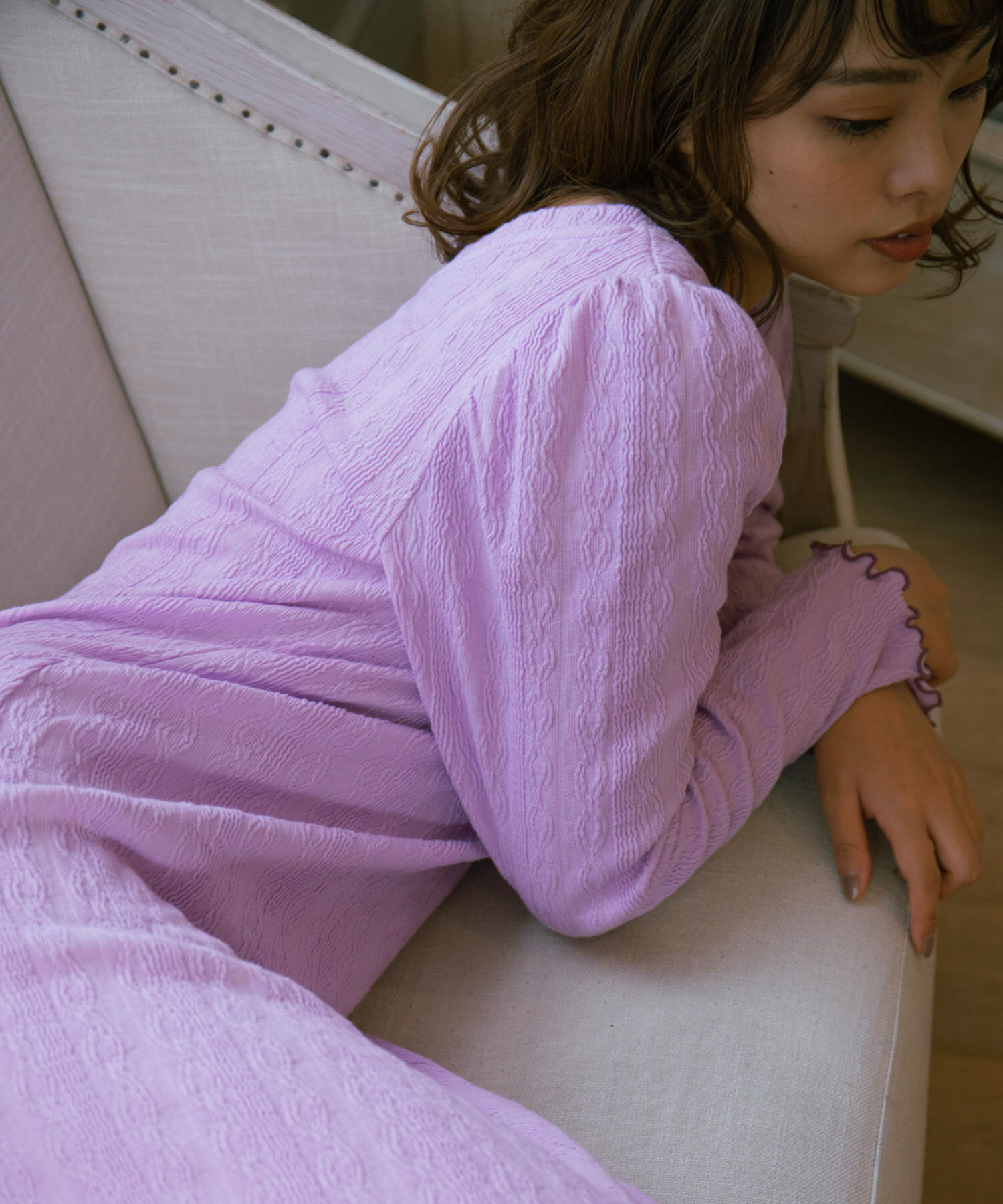 VIS「【ViSage】カットジャガードパワショルAラインロングワンピース」|ルームウェア|