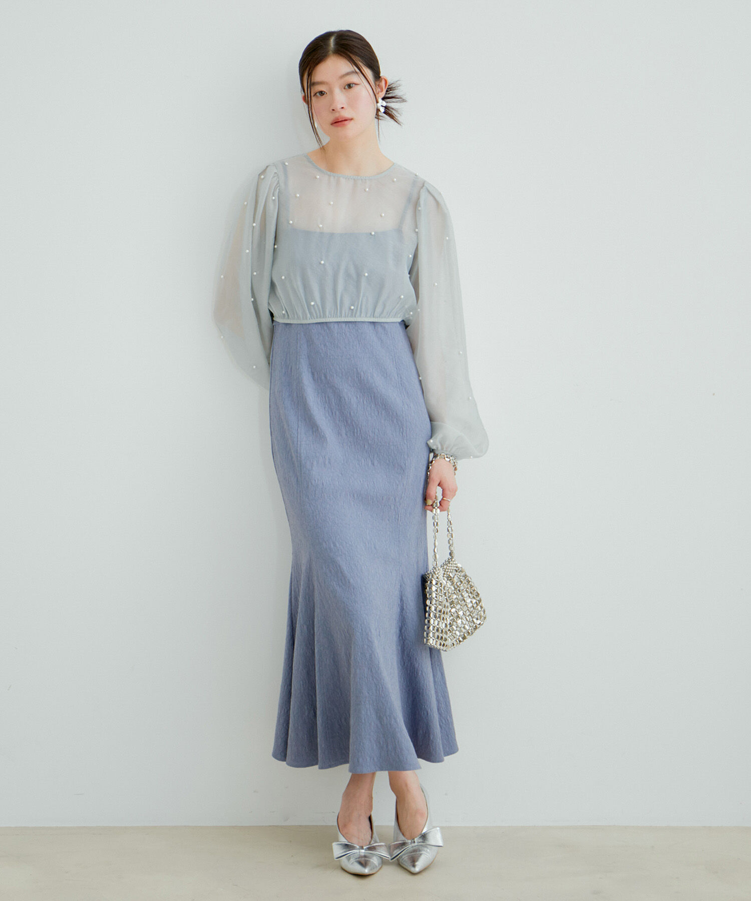 VIS「【新色追加】【VIS DRESS】チュールパールブラウス＆ジャガードワンピースセット」|ドレス|