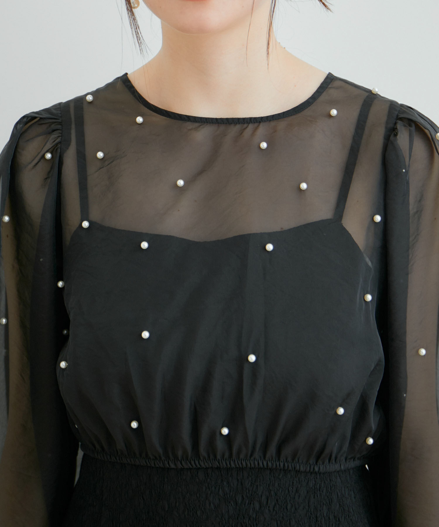 VIS「【新色追加】【VIS DRESS】チュールパールブラウス＆ジャガードワンピースセット」|ドレス|