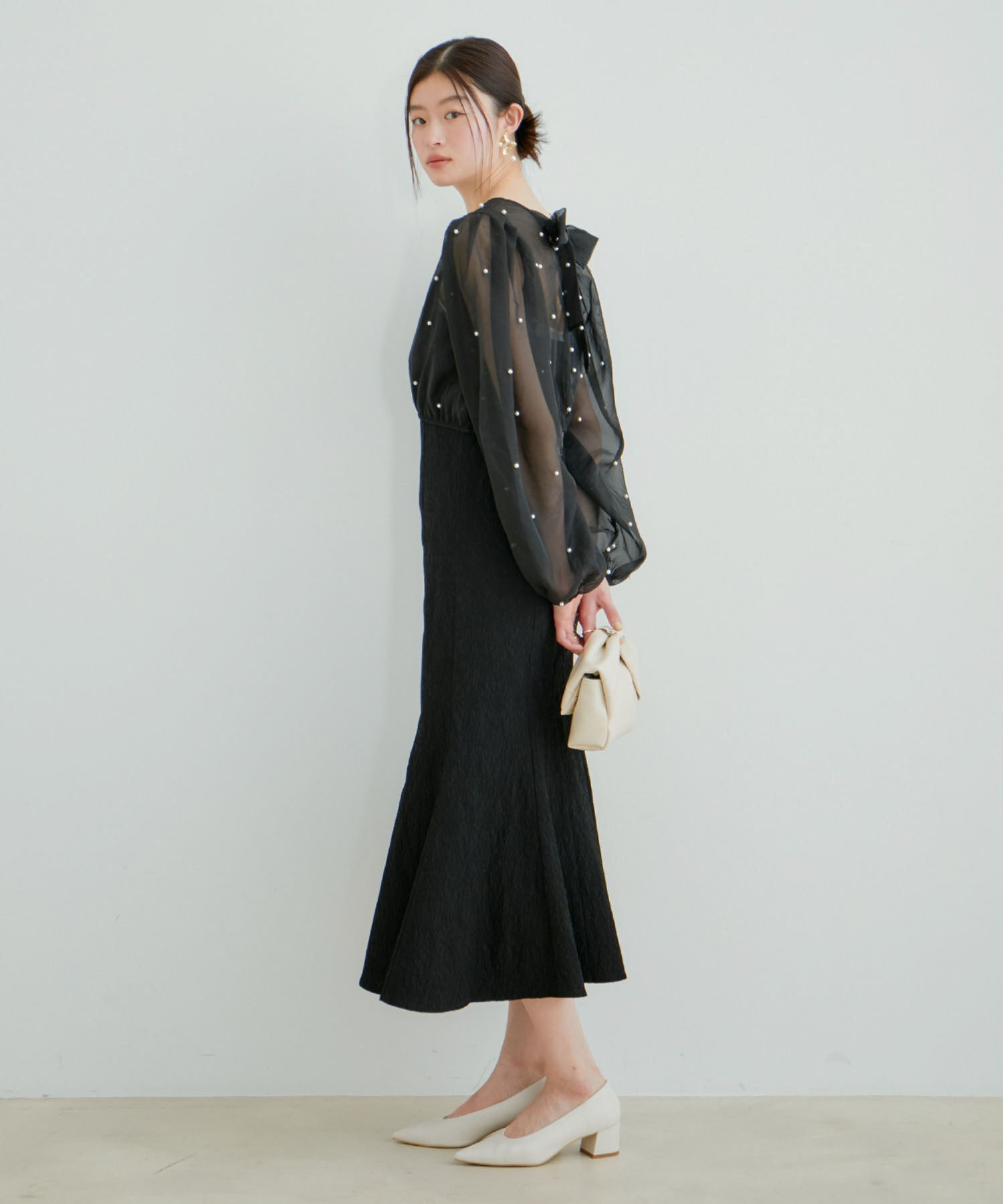 VIS「【新色追加】【VIS DRESS】チュールパールブラウス＆ジャガードワンピースセット」|ドレス|
