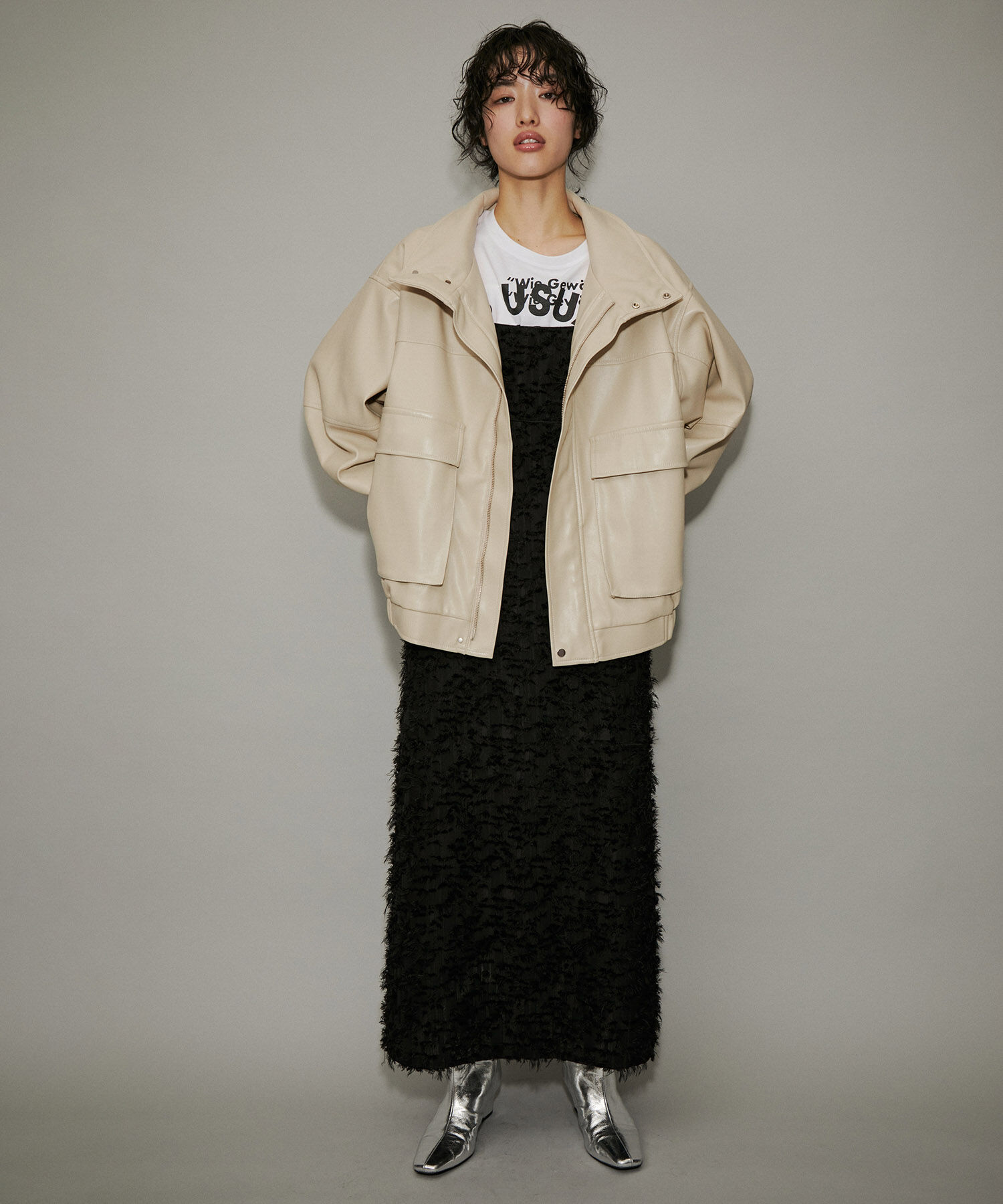 ADAM ET ROPE'「【WEB限定】スタンドネックフェイクレザージャケット」|ライダースジャケット|