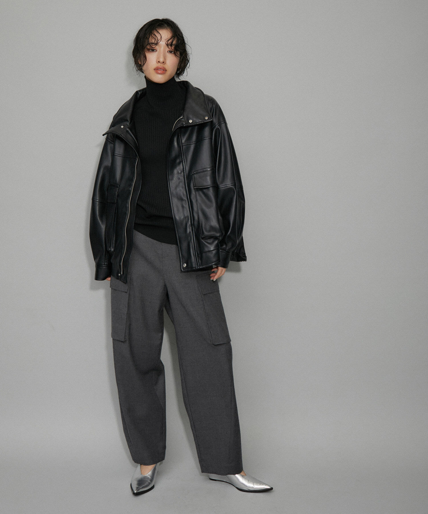 ADAM ET ROPE'「【WEB限定】スタンドネックフェイクレザージャケット」|ライダースジャケット|