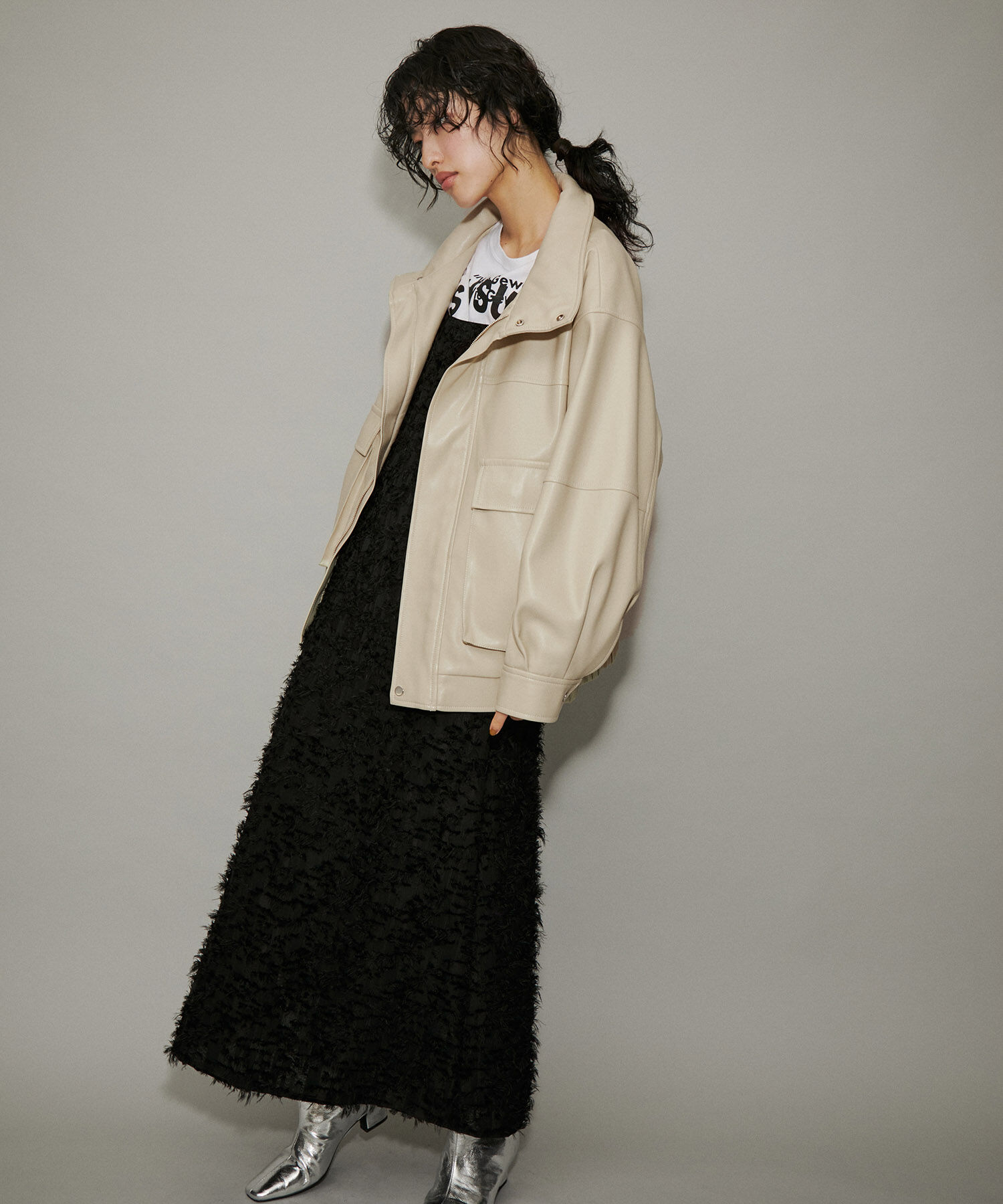 ADAM ET ROPE'「【WEB限定】スタンドネックフェイクレザージャケット」|ライダースジャケット|