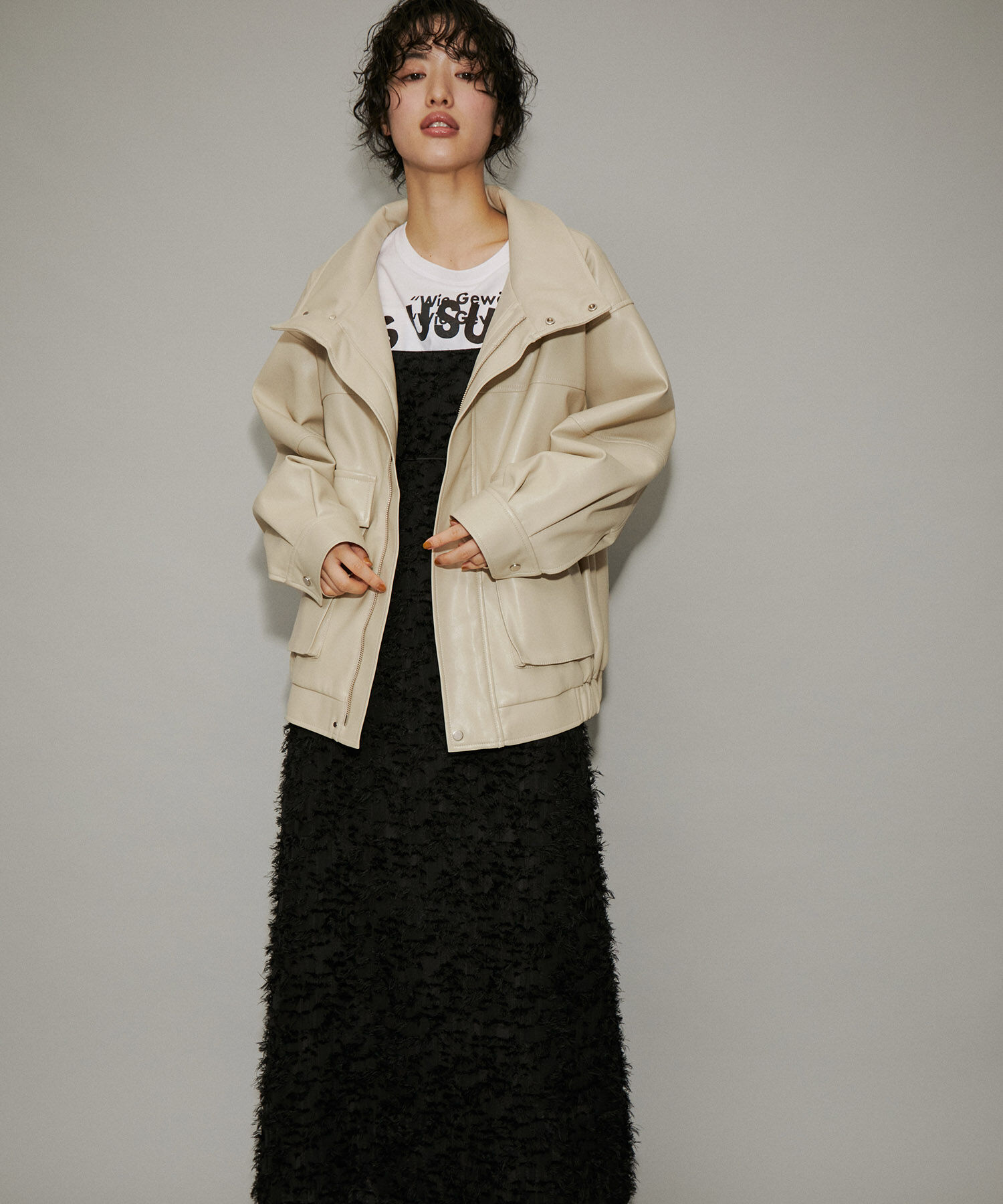 ADAM ET ROPE'「【WEB限定】スタンドネックフェイクレザージャケット」|ライダースジャケット|