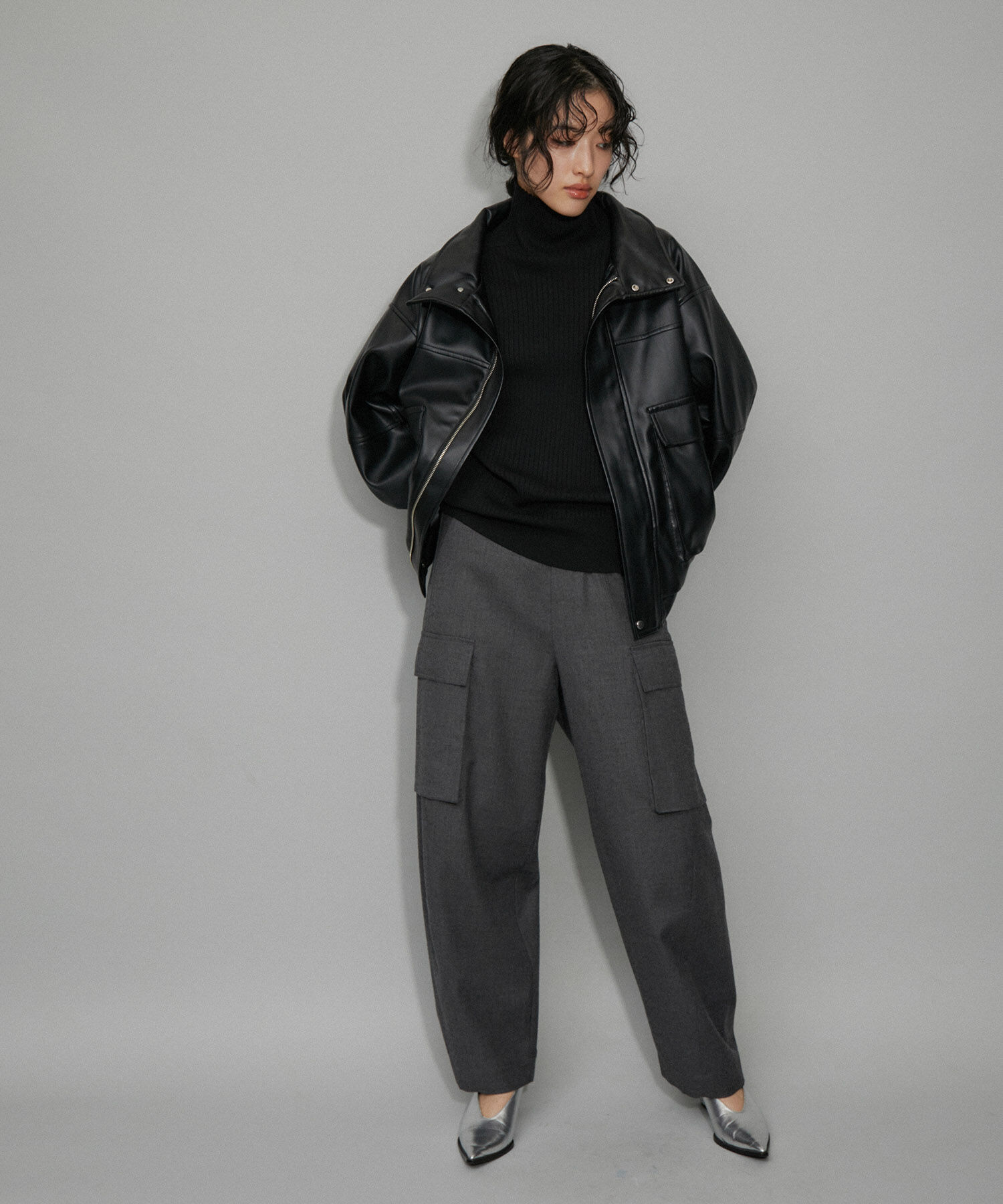 ADAM ET ROPE'「【WEB限定】スタンドネックフェイクレザージャケット」|ライダースジャケット|