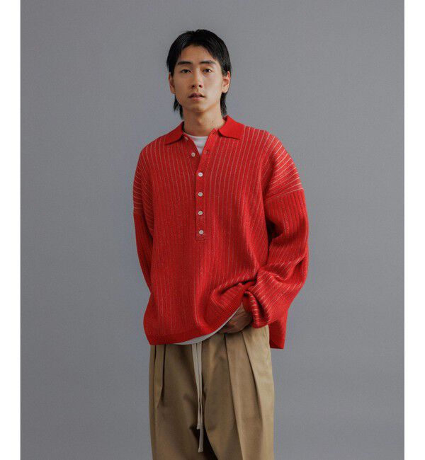 ADAM ET ROPE'「【WEB限定】ディープヘンリーネック リブ ニットポロ プルオーバー / ルーズシルエット / ユニセックス」|ニット・セーター|