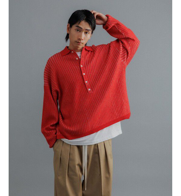 ADAM ET ROPE'「【WEB限定】ディープヘンリーネック リブ ニットポロ プルオーバー / ルーズシルエット / ユニセックス」|ニット・セーター|レッド系(61)