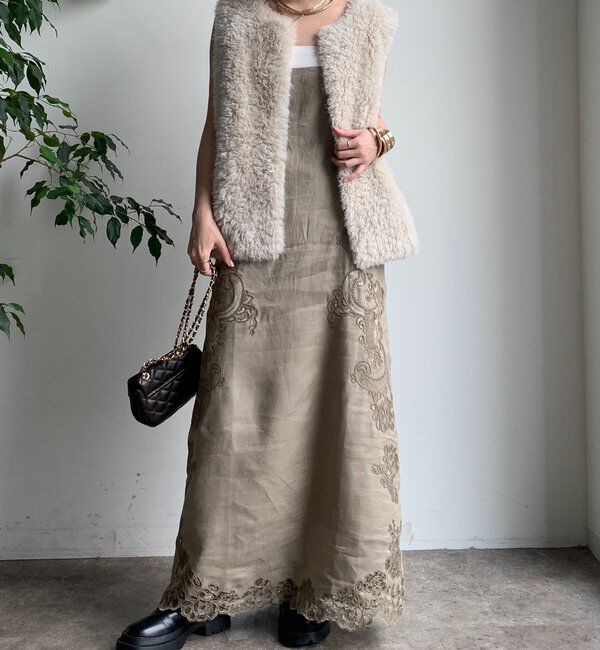  「刺繍レースリネンワンピース」|ワンピース|ベージュ