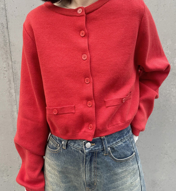  「[mline]ポケットチビカーディガン」|カーディガン|レッド