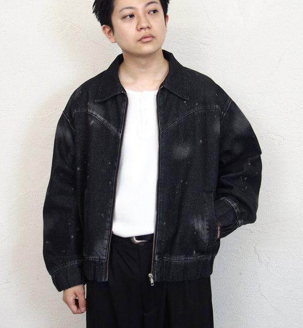  「スプレーブリーチステンカラーデニムブルゾン【セットアップ対応】」|デニムジャケット|ブラック