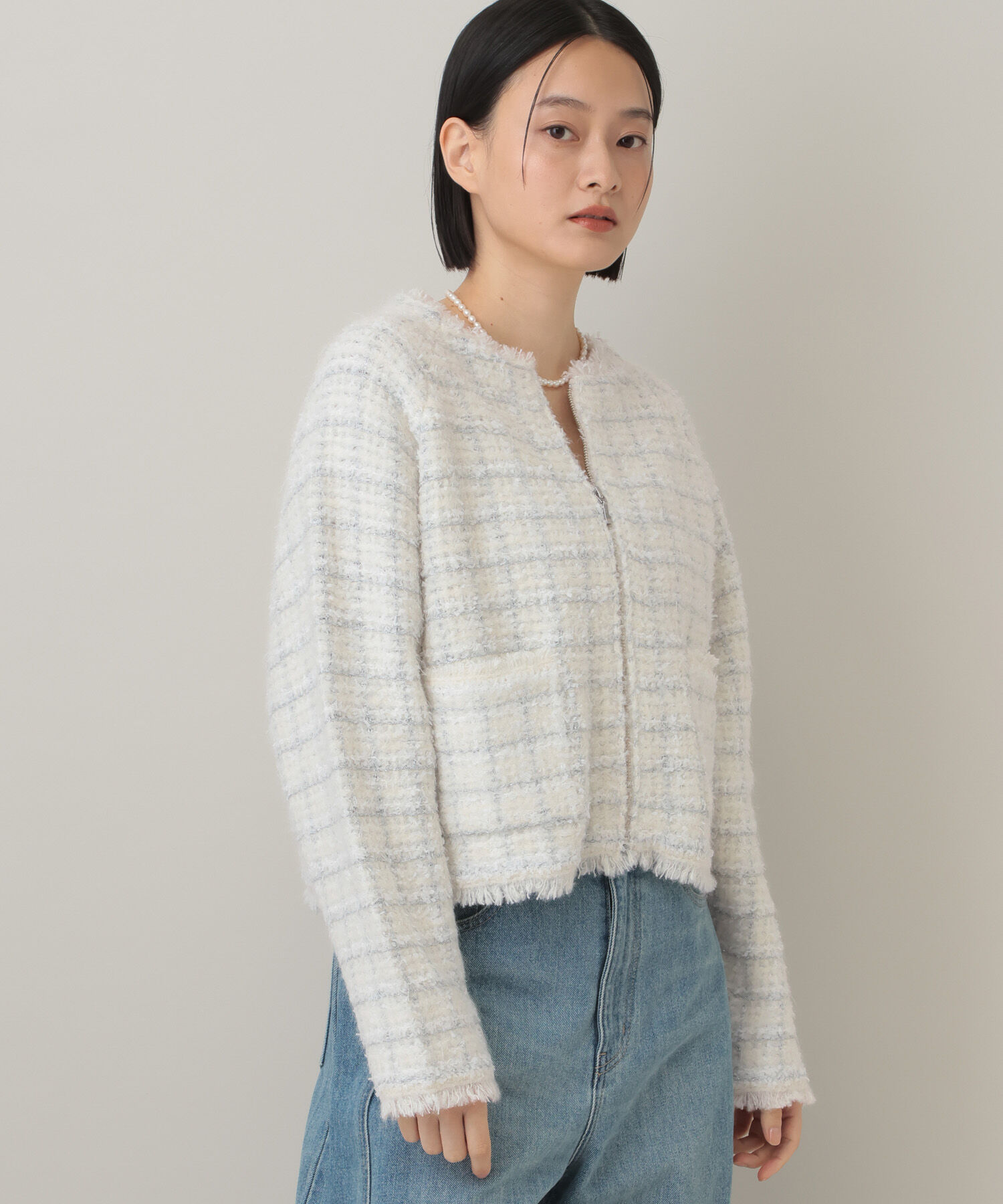  「【セットアップ対応】ツィードニットZIPカーディガン」|カーディガン|