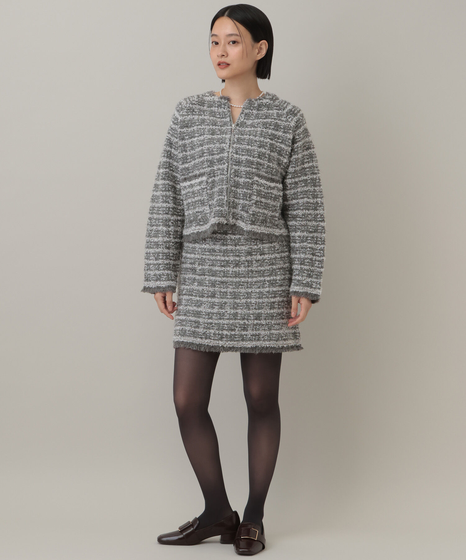  「【セットアップ対応】ツィードニットZIPカーディガン」|カーディガン|