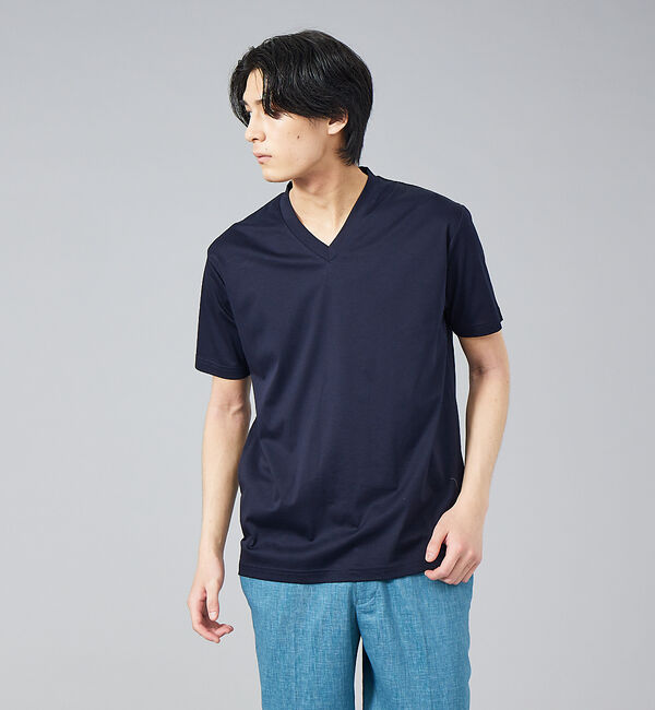 ABAHOUSE「コンパクト シルケット スムース Vネック Tシャツ」|Tシャツ・カットソー|ダークネイビー