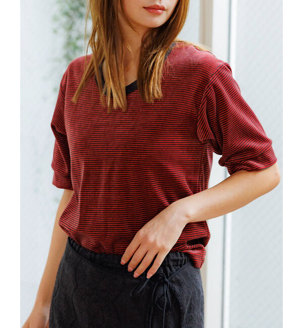 Rouge vif「【Le Melange/ル・メランジュ】ベロアボーダーTシャツ/#8541007」|Tシャツ・カットソー|レッド