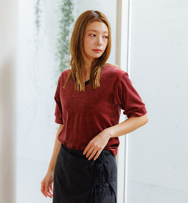 Rouge vif「【Le Melange/ル・メランジュ】ベロアボーダーTシャツ/#8541007」|Tシャツ・カットソー|
