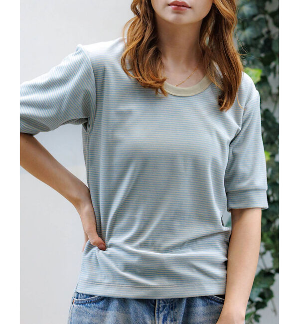 Rouge vif「【Le Melange/ル・メランジュ】ベロアボーダーTシャツ/#8541007」|Tシャツ・カットソー|サックスブルー