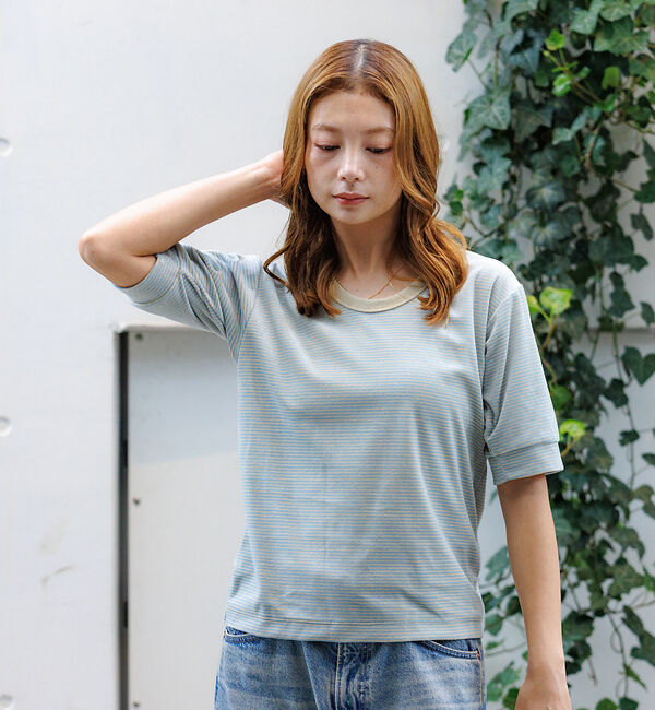 Rouge vif「【Le Melange/ル・メランジュ】ベロアボーダーTシャツ/#8541007」|Tシャツ・カットソー|