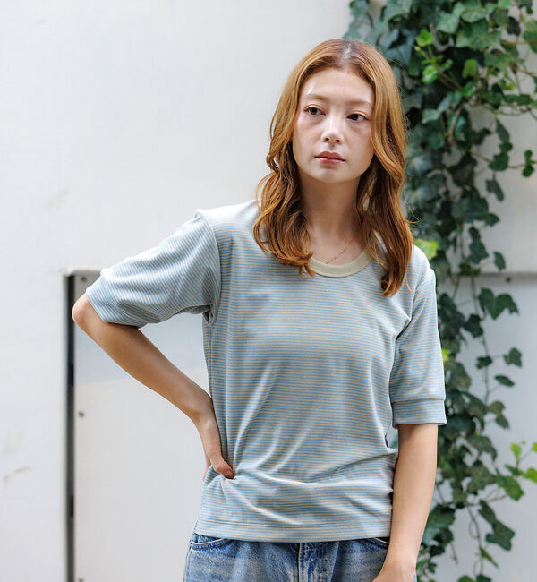 Rouge vif「【Le Melange/ル・メランジュ】ベロアボーダーTシャツ/#8541007」|Tシャツ・カットソー|