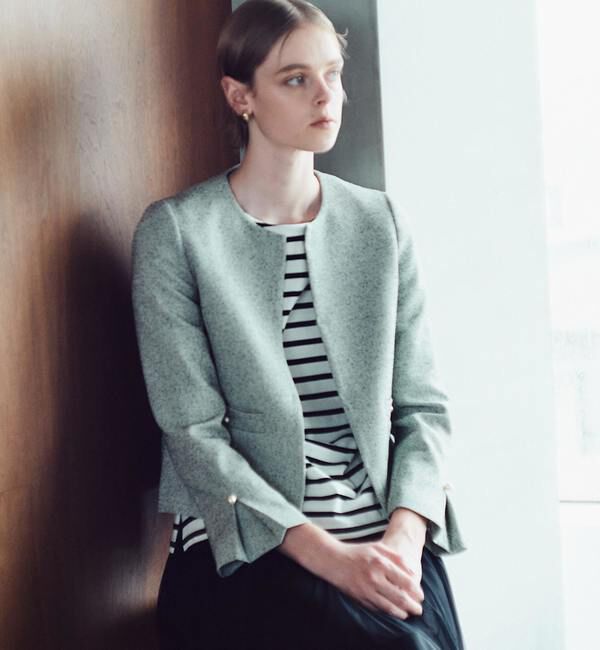 TIARA「パールアクセントツイードジャケット」|ノーカラージャケット|ベージュ