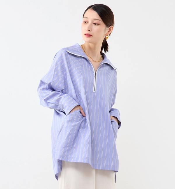 Soffitto「ハーフジップオーバーサイズブラウス」|シャツ・ブラウス|ストライプ
